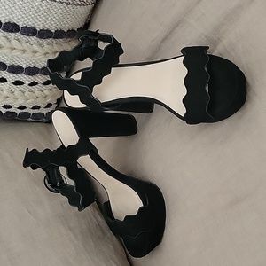Qupid Black Faux Suede ZigZag Strap, Platform/Block High Heel Open Toe Sandal